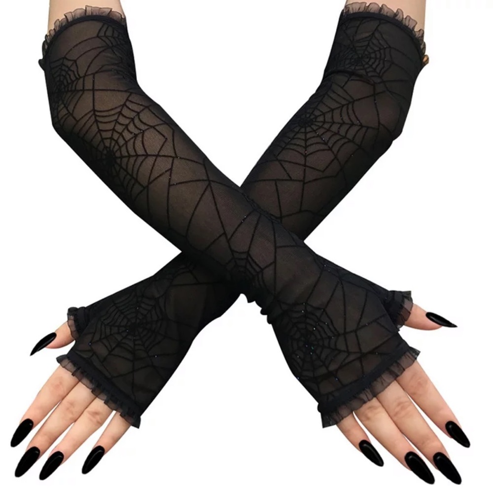 Goth Web Long Black Fingerless Gloves